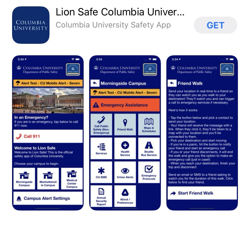 The Lion Safe available on App Store or through Google Play. Search: “Lion Safe Columbia University” screenshot of Lion Safe app in iPhone App store