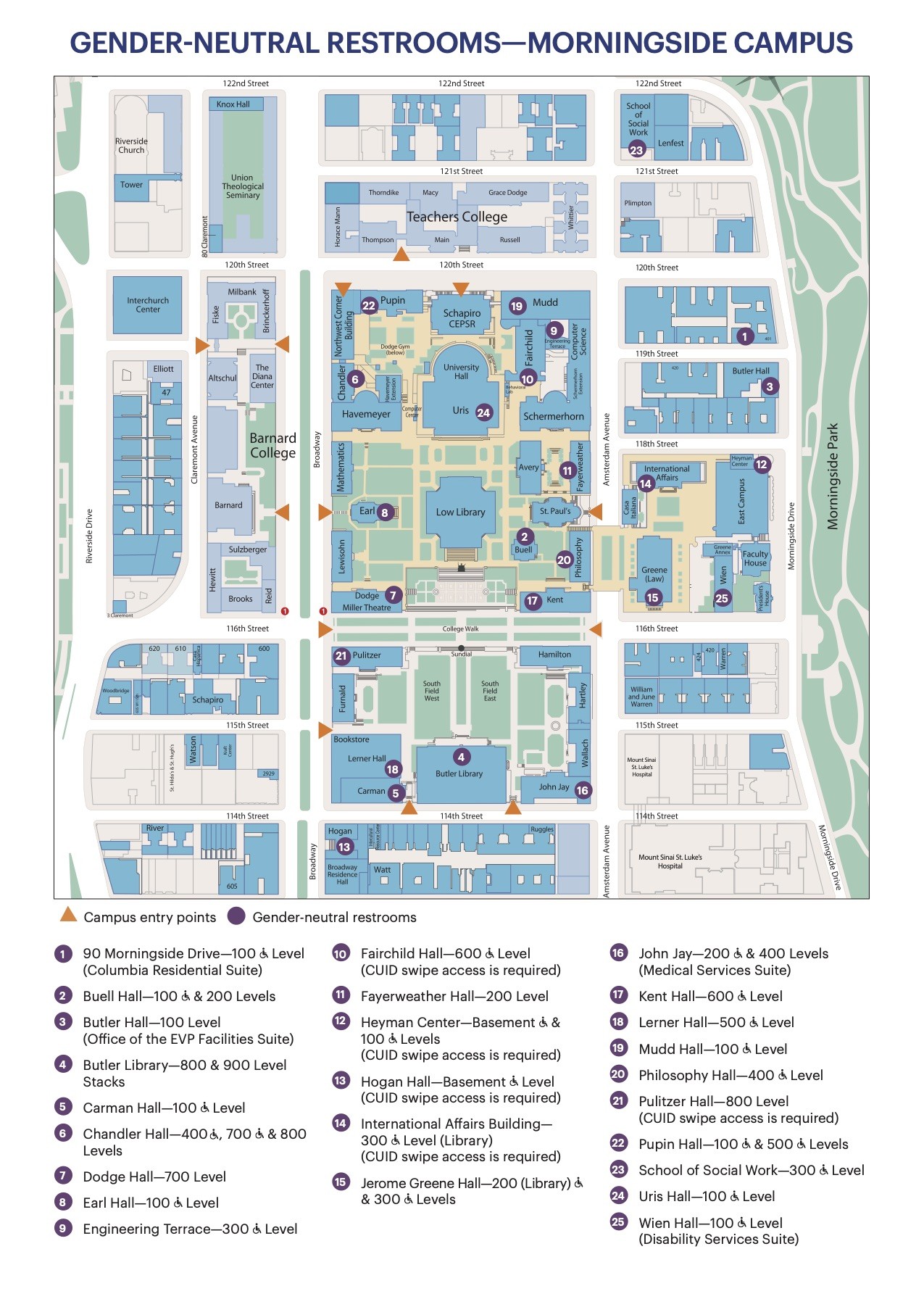 A map of gender-neutral restrooms on the Morningside Campus