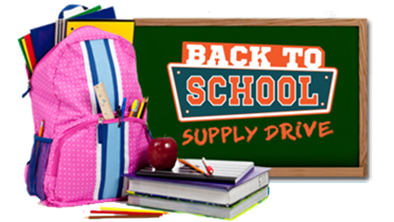 back to school graphic with book bag, books and text that says: Back to school supply drive