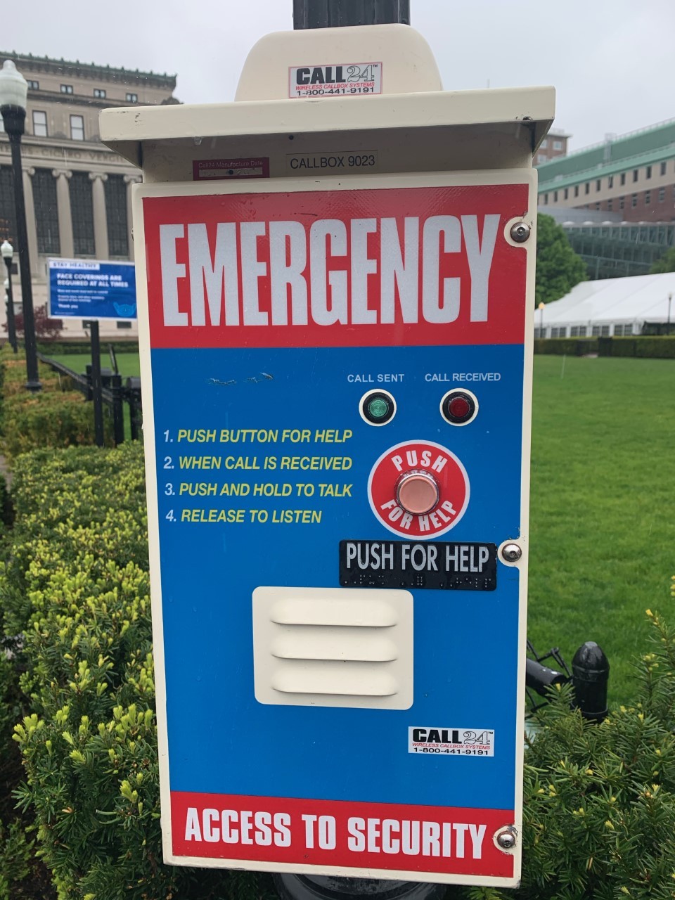Columbia blue call box on Morningside campus