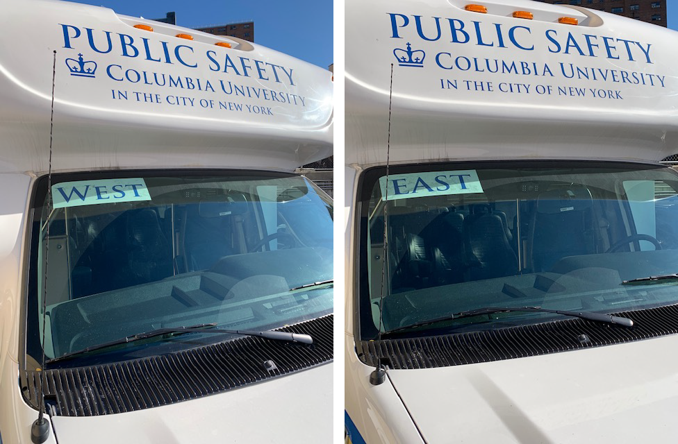 Public Safety Evening Shuttle displaying East and West on the windshield