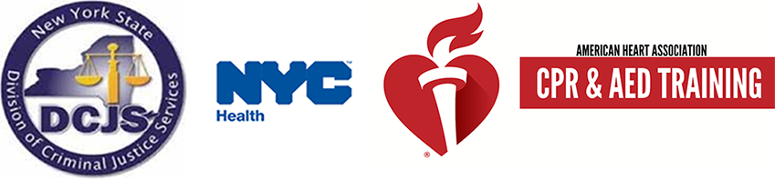 Logos for the NY State Division of Criminal Justice Services, NYC Department of Health, and American Heart Association CPR & AED Training