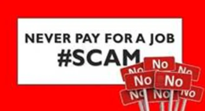 graphic image with text: never pay for a job #scam