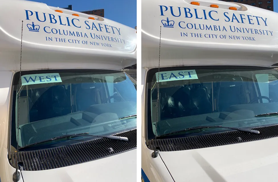 Public Safety Evening Shuttle displaying East and West on the windshield