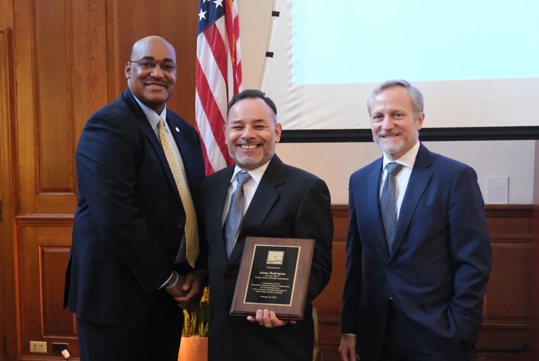 Jaime Rodriguez receives his plaque for 20 years of perfect attendance