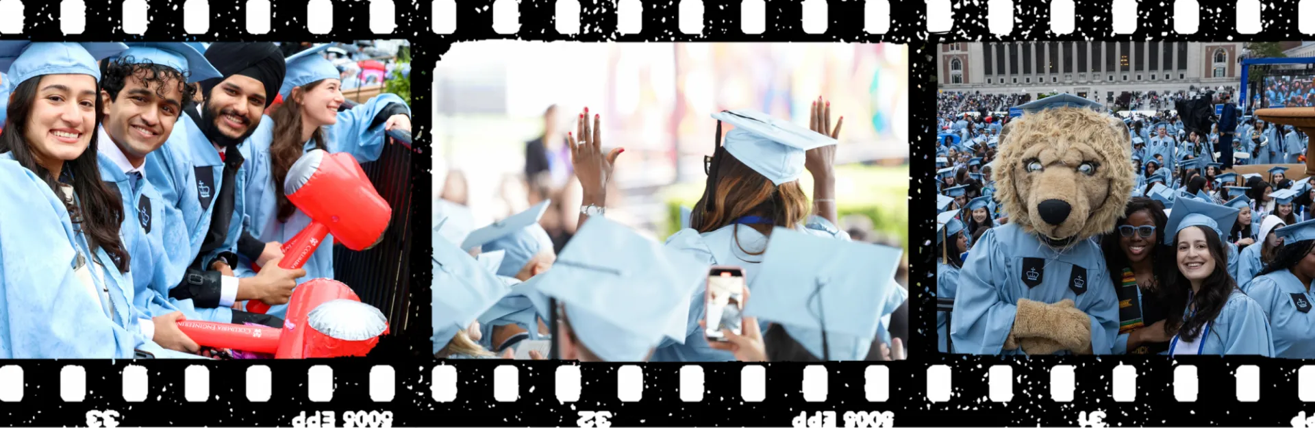 Film strip of three images - Engineering Students at Commencement, Crowd at Business School Class Day, and two students at Commencement with Roar-ee, Columbia's Lion Mascot, at Commencement