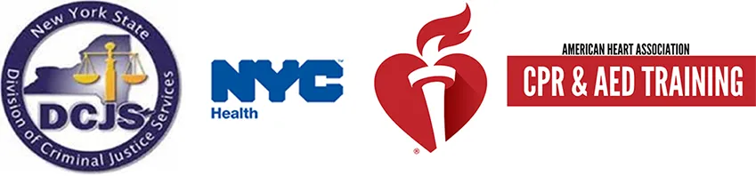 Logos for the NY State Division of Criminal Justice Services, NYC Department of Health, and American Heart Association CPR & AED Training